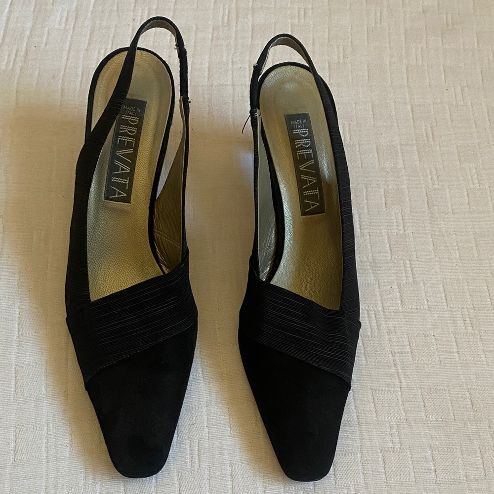 PREVATA Black Suede Pointed Slingback Mules